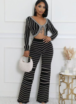 Black Casual Temperament Stretch Long Sleeve Short Cardigan Top and Trousers Striped Two-Piece Set