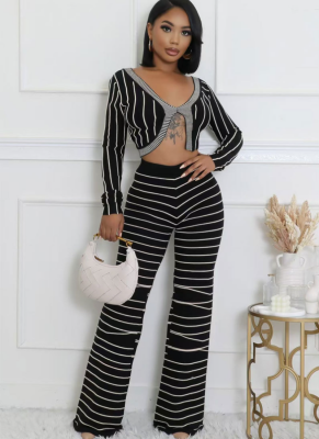 Black Casual Temperament Stretch Long Sleeve Short Cardigan Top and Trousers Striped Two-Piece Set