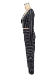 Black Casual Temperament Stretch Long Sleeve Short Cardigan Top and Trousers Striped Two-Piece Set