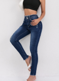 Dark Blue Jeans Women'S Design Double Buckle Raw Hem Ripped Skinny Pants