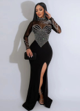 Solid Color See-through Mesh Rhinestone Pearl Long Sleeve Waist Hip Slit Dress