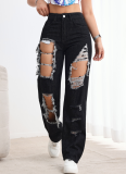 Black Straight Jeans Women'S High Waist Design Ripped Fashion Sense Women'S Fashion