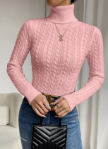 Pink Autumn and Winter Turtleneck Pullover Solid Color Long Sleeve Thread All-Match Sweater