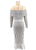 Casual off-Shoulder Striped Printed Dress Two-Piece Set