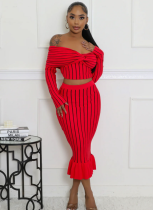 Casual off-Shoulder Striped Printed Dress Two-Piece Set