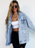 Light Blue Autumn and Winter Ripped Tide Denim Jacket
