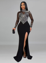 Solid Color See-through Mesh Rhinestone Pearl Long Sleeve Waist Hip Slit Dress