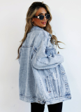 Light Blue Autumn and Winter Ripped Tide Denim Jacket