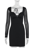 Temperament Sexy Slim Fit Splicing Mesh Sleeve Dress