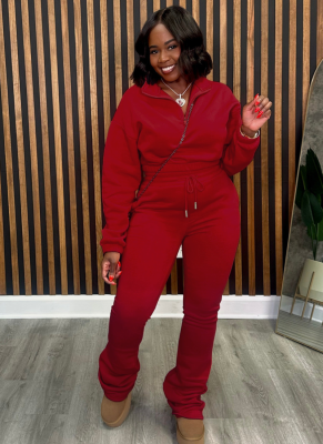 Zippered Half Turtleneck Plus Fleece Sweatshirt Waist Tie Drawstring Pants Sports Two-Piece Suit