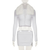 Fur Collar Hollow Button Long Sleeve Top Slit Skirt Set