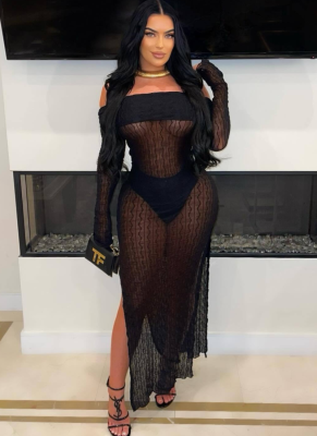 One-line Neckline Slit Tight Hottie Sexy See-through Dress