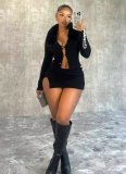 Fur Collar Hollow Button Long Sleeve Top Slit Skirt Set