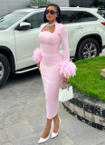 Square-neck Long-sleeved Feather-embellished High-waisted Slimming Dress