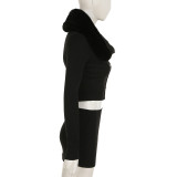 Fur Collar Hollow Button Long Sleeve Top Slit Skirt Set