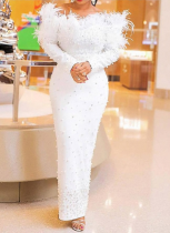 Sexy Fur Collar Beaded Hip-hugging Long Dress