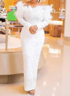 Sexy Fur Collar Beaded Hip-hugging Long Dress