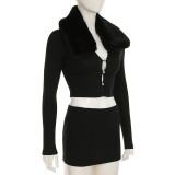 Fur Collar Hollow Button Long Sleeve Top Slit Skirt Set