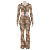 Fashionable Mesh Printed Long Sleeve Waist-baring Tie Top Set