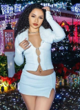 Fur Collar Hollow Button Long Sleeve Top Slit Skirt Set