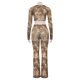 Fashionable Mesh Printed Long Sleeve Waist-baring Tie Top Set