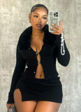 Fur Collar Hollow Button Long Sleeve Top Slit Skirt Set