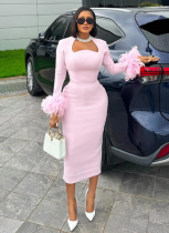 Square-neck Long-sleeved Feather-embellished High-waisted Slimming Dress