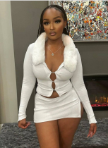 Fur Collar Hollow Button Long Sleeve Top Slit Skirt Set