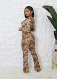 Fashionable Mesh Printed Long Sleeve Waist-baring Tie Top Set