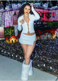 Fur Collar Hollow Button Long Sleeve Top Slit Skirt Set