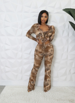 Fashionable Mesh Printed Long Sleeve Waist-baring Tie Top Set