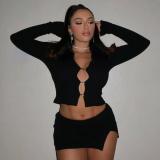 Fur Collar Hollow Button Long Sleeve Top Slit Skirt Set