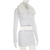Fur Collar Hollow Button Long Sleeve Top Slit Skirt Set