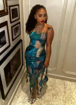 Stylish Printed Wrap Chest Slit Ruffle Dress