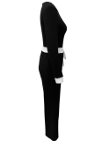 Fashion Round Neck Ribbed Stitching Long-Sleeved T-Shirt Slim Straight Trousers Two-Piece Set