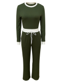 Fashion Round Neck Ribbed Stitching Long-Sleeved T-Shirt Slim Straight Trousers Two-Piece Set