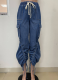 Fashion Wrinkled Straight-Leg Big Pocket Denim Loose Trousers