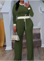 Fashion Round Neck Ribbed Stitching Long-Sleeved T-Shirt Slim Straight Trousers Two-Piece Set