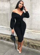 Sexy and Elegant Lantern Sleeve Solid Color V-neck Off-shoulder Half Dress