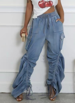 Fashion Wrinkled Straight-Leg Big Pocket Denim Loose Trousers