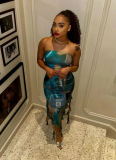 Stylish Printed Wrap Chest Slit Ruffle Dress