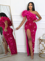 Fashionable Evening Gown Banquet Sequin High Slit Dress