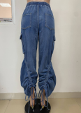 Fashion Wrinkled Straight-Leg Big Pocket Denim Loose Trousers