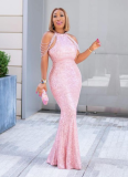 Fashionable Halterneck Large Size Loose Hip-hugging Sequin Dress