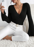 Autumn And Winter Ribbed V-Neck Slim Long-Sleeved T-Shirt