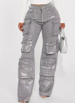 New Autumn And Winter Women'S Workwear With Multiple Pockets And Ironing Silver Jeans