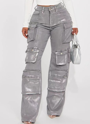 New Autumn And Winter Women'S Workwear With Multiple Pockets And Ironing Silver Jeans