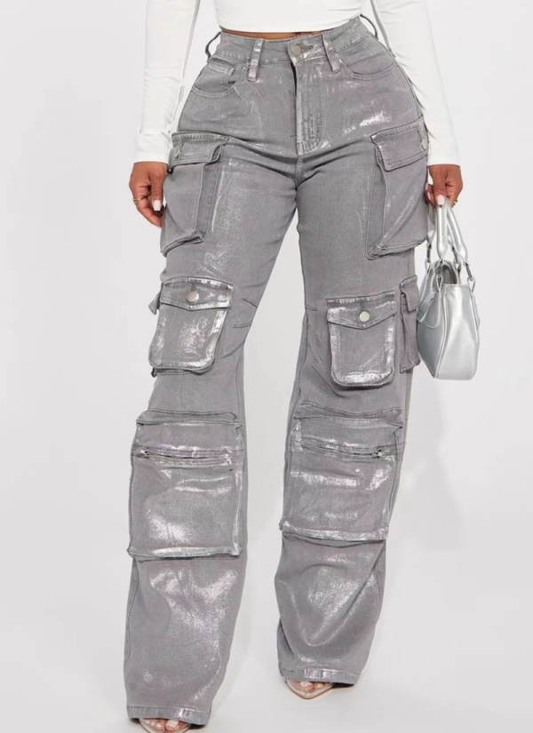 New Autumn And Winter Women'S Workwear With Multiple Pockets And Ironing Silver Jeans