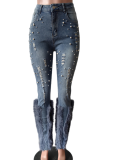 Stretch Pearl Vintage Embellished Feather Jeans