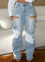 Fashionable Women'S Washed Multi-Pocket Diamond-Studded Jeans